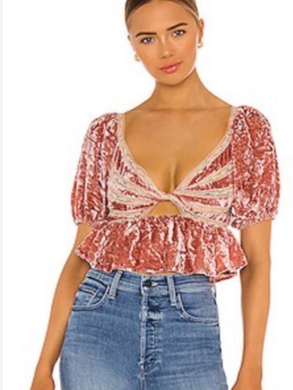 Revolution X Free People Velvet Twist-Front Peplum Crop Top Rose Festival